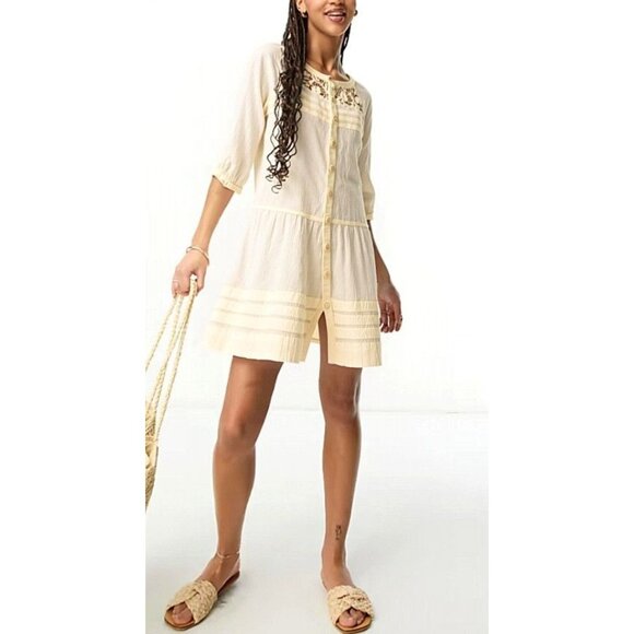 Free People Cream Lace Trim Button Front 3/4 Sleeve Tunic Dress Women's Small - Picture 1 of 14